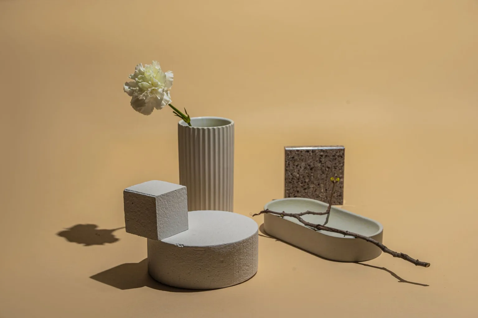 Modern still life featuring a flower in a vase with geometric shapes on a neutral background. — Pegedekoratif