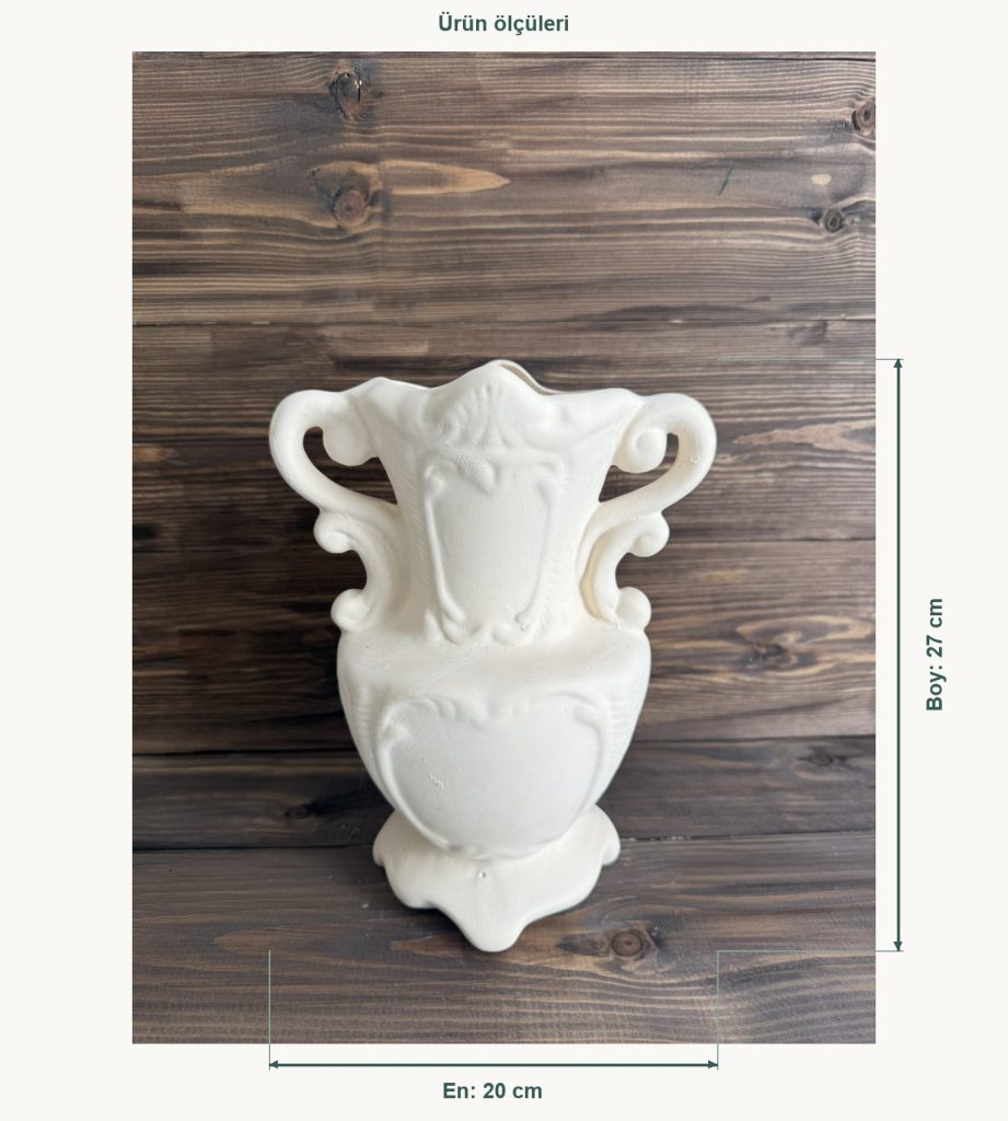 Ham Seramik Barok Kulplu Vazo - En 20 cm, Boy (Yükseklik) 27 cm