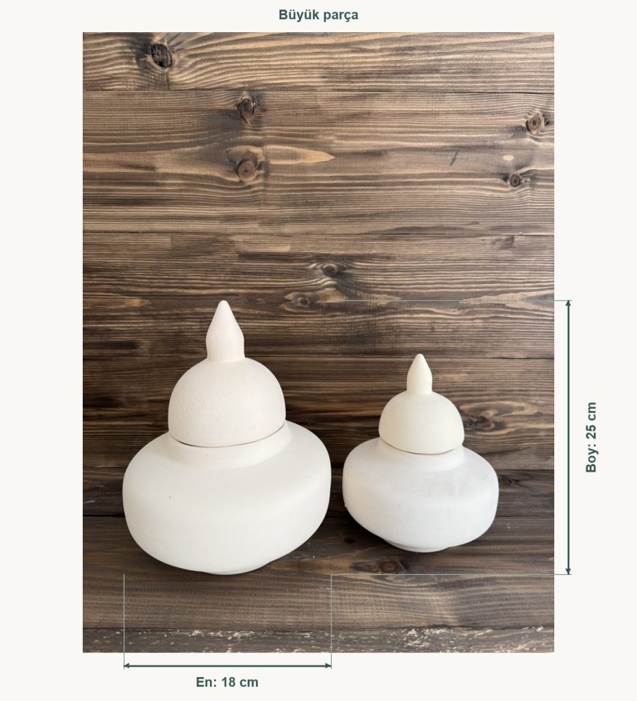 Ham Seramik Lale Kapaklı Dekoratif Küp 2'li Set - Büyük En 18 cm, Büyük Boy (Yükseklik) 25 cm, Küçük En 13 cm, Küçük Boy (Yükseklik) 18 cm